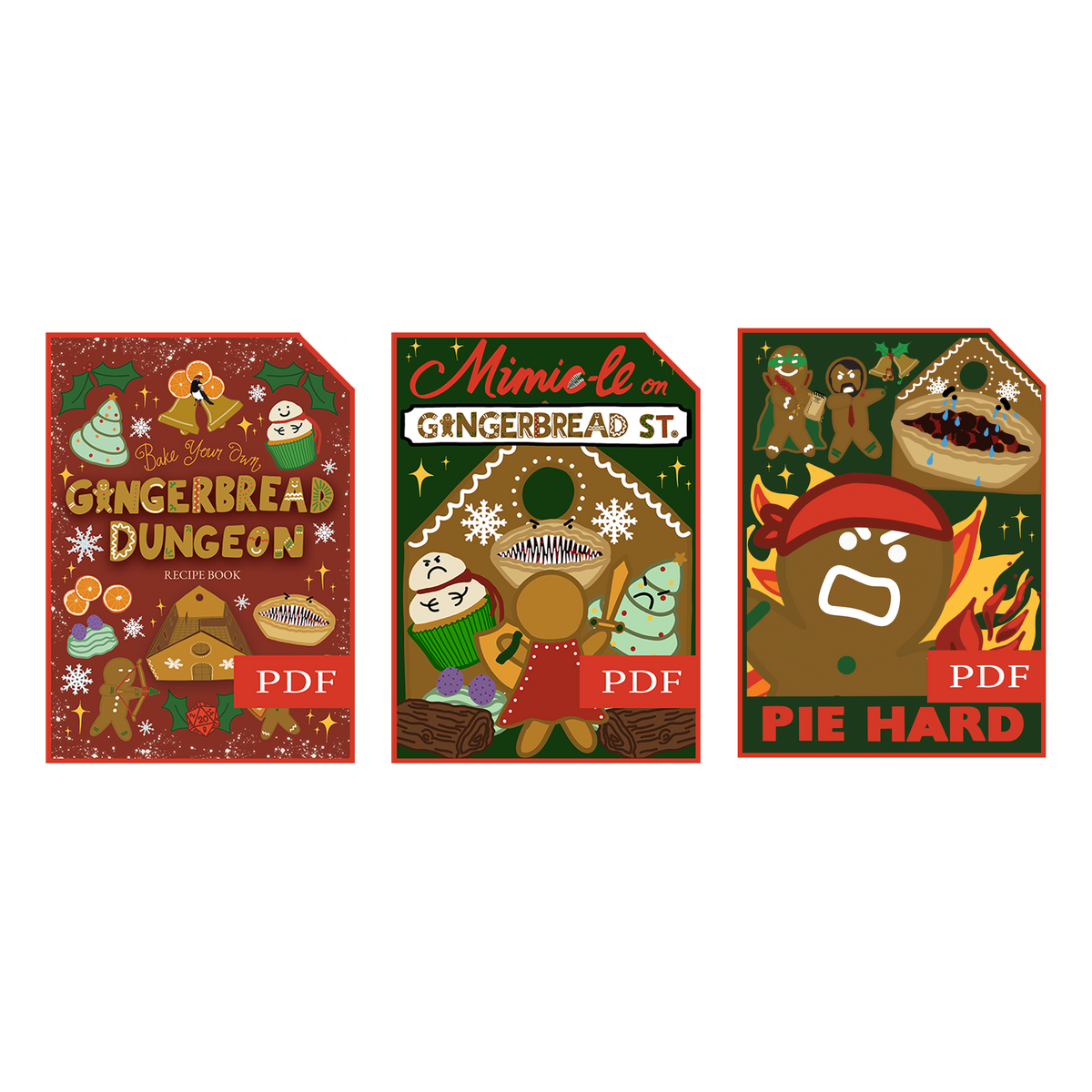 Gingerbread Dungeon digital bundle: recipe book, Mimic-le on Gingerbread St. and Pie Hard PDFs